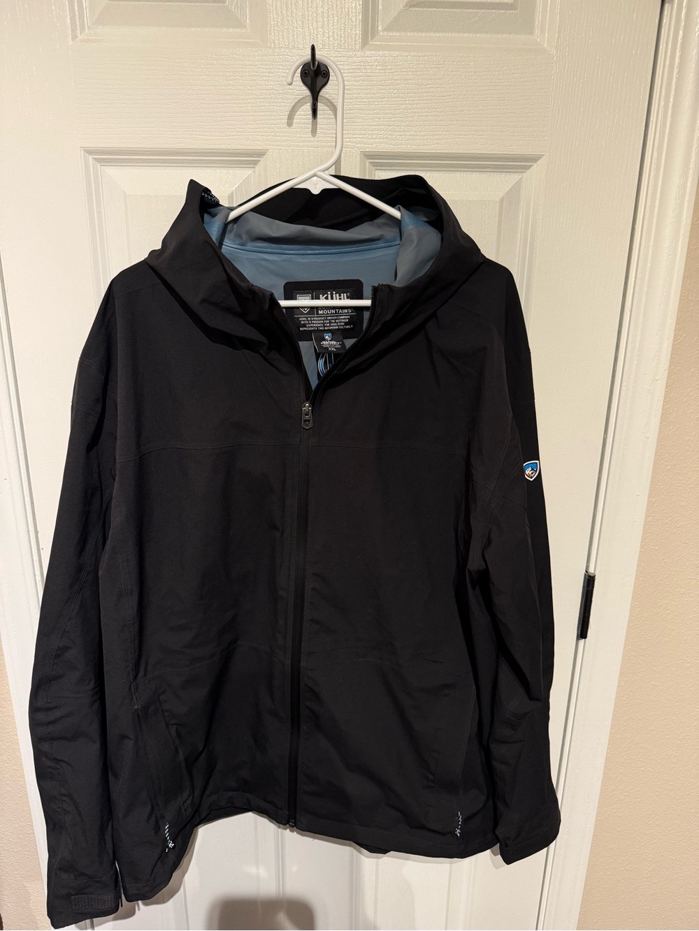 Kuhl Black Hooded Rain Jacket with Light Blue Lining
